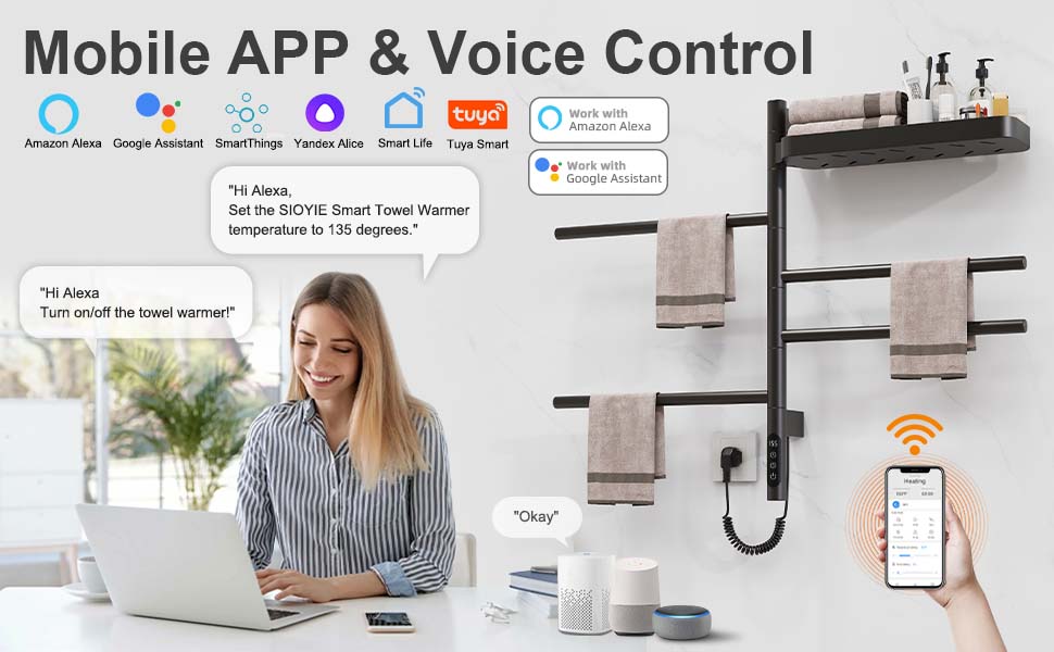 SIOYIE Smart Rotating Heated Towel Rack For Bathroom, Wall-Mounted Electric Towel Dryer With Swivel Bars & Shelf, Smart Timer, Low Carbon Steel, Plug-in/Hardwired, Towel Warmer With Wi-Fi App Control_voghion.com
